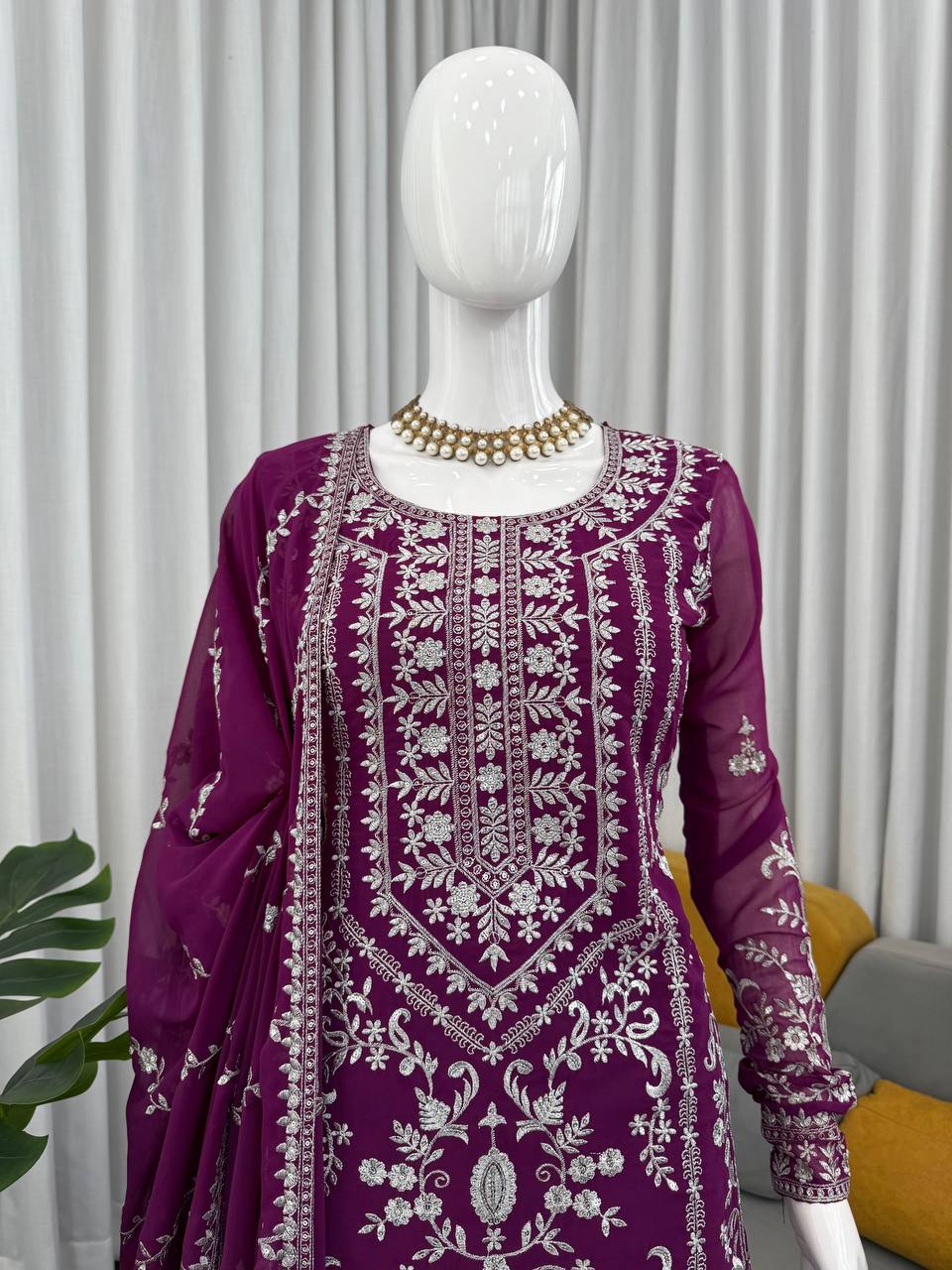 Prazu Fashion Purple Georgette Thread Sequence Sharara Suit