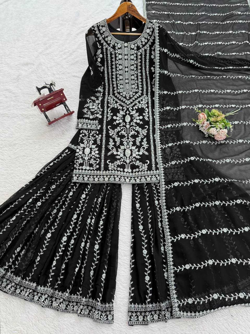 Prazu Fashion Black Georgette Thread Sequence Sharara Suit