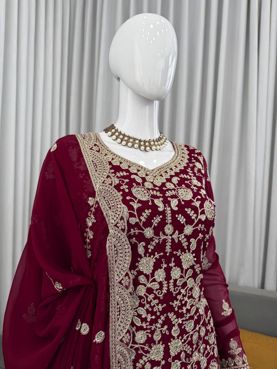 Prazu Fashion Wine Georgette Thread Sequence Sharara Suit
