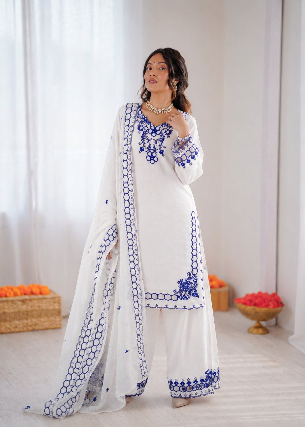 Prazu Fashion Off White Mull Chanderi Silk Thread Work Farshi Salwar Suit