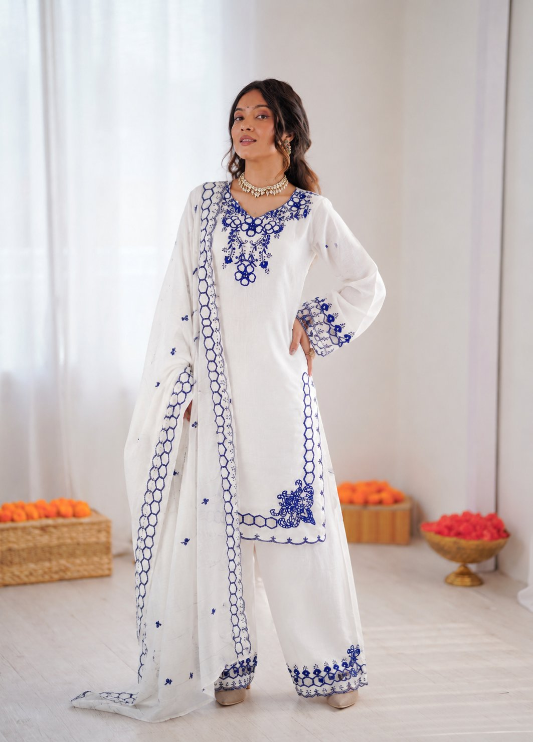 Prazu Fashion Off White Mull Chanderi Silk Thread Work Farshi Salwar Suit