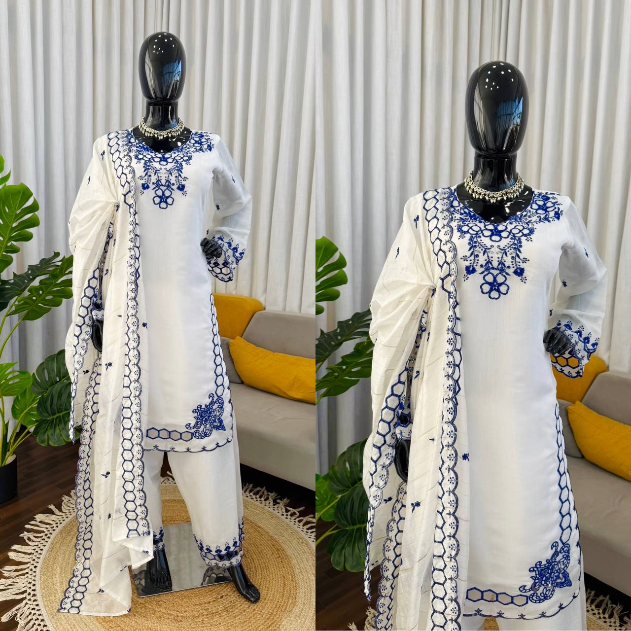 Prazu Fashion Off White Mull Chanderi Silk Thread Work Farshi Salwar Suit