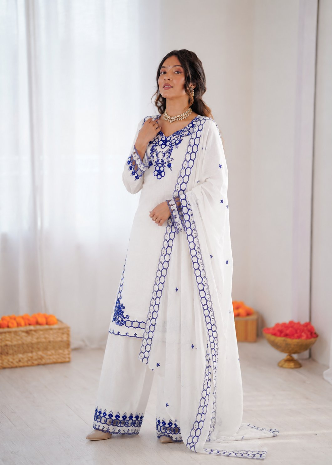 Prazu Fashion Off White Mull Chanderi Silk Thread Work Farshi Salwar Suit