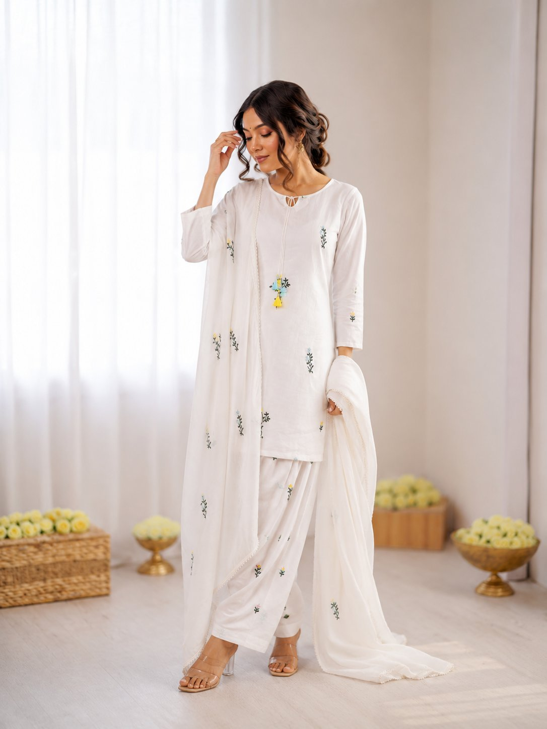 Prazu Fashion Off White Mull Chanderi Silk Thread Work Farshi Salwar Suit