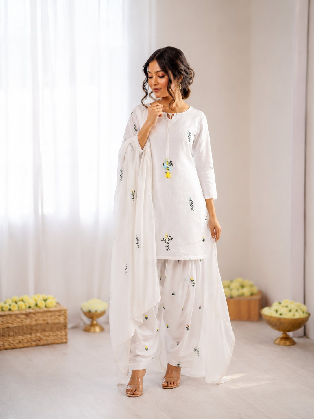 Prazu Fashion Off White Mull Chanderi Silk Thread Work Farshi Salwar Suit