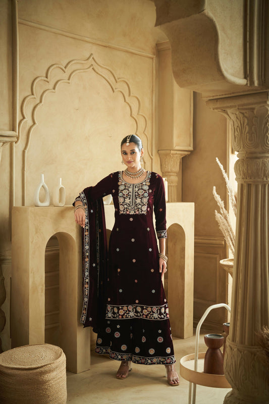 Anaita Purple Embroidered Work Velvet Stitched Plazo Suit