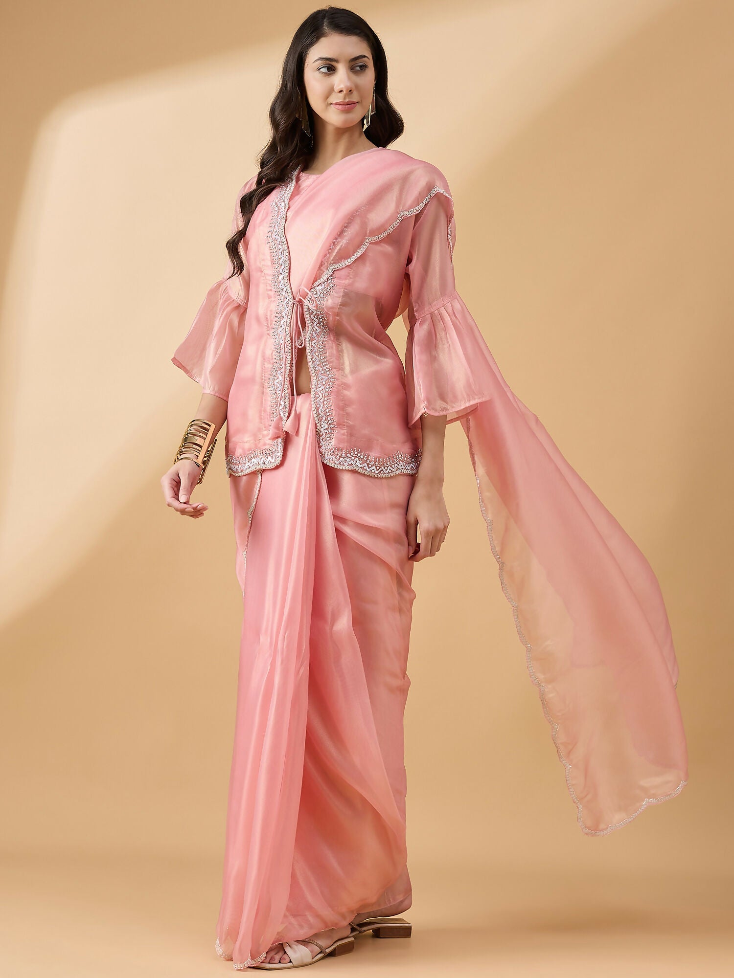 Peach Chiffon Solid Saree with Stitched Blouse & Stone Work Shrug - Dharavi