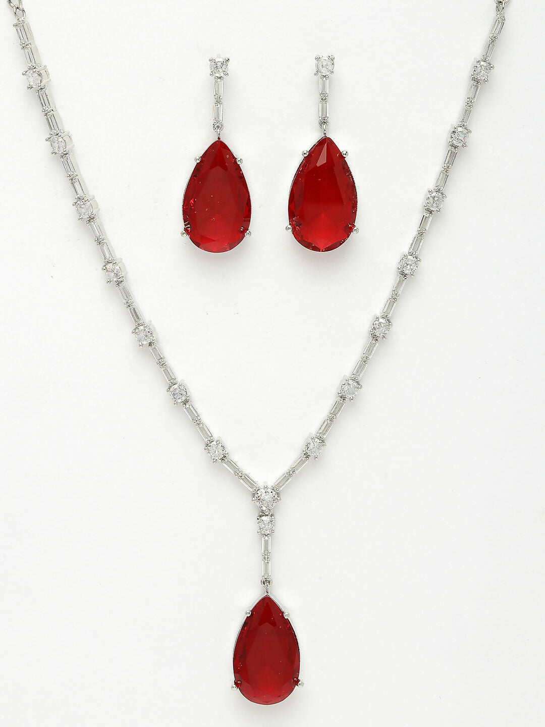 NVR Women's Silver-Plated Red Artificial Stones Studded Handcrafted Jewellery Set - Grab2buy