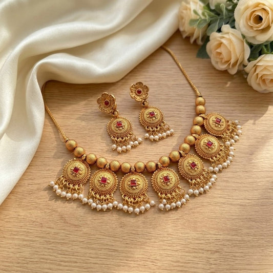 Jewel City Handcrafted Antique Gold-Plated Ethnic Necklace Set & Pearl Drops | Traditional Indian Jewelry