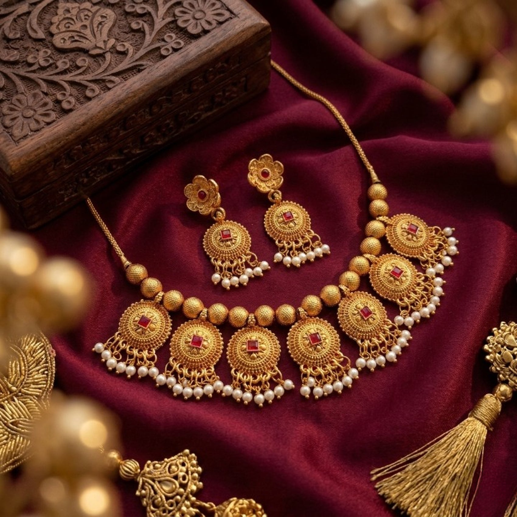 Jewel City Handcrafted Antique Gold-Plated Ethnic Necklace Set & Pearl Drops | Traditional Indian Jewelry