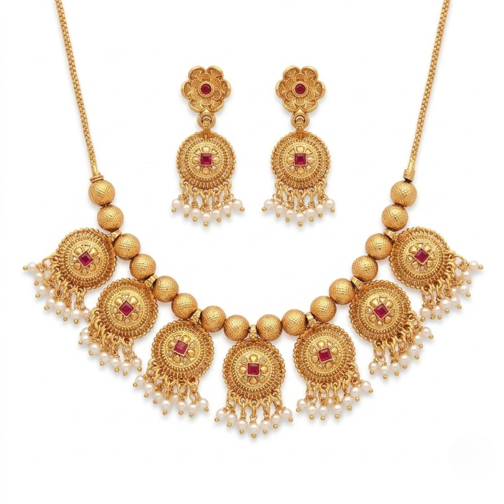 Jewel City Handcrafted Antique Gold-Plated Ethnic Necklace Set & Pearl Drops | Traditional Indian Jewelry