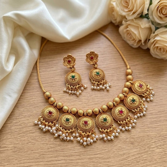 Jewel City Handcrafted Antique Gold-Plated Ethnic Necklace Set & Pearl Drops | Traditional Indian Jewelry