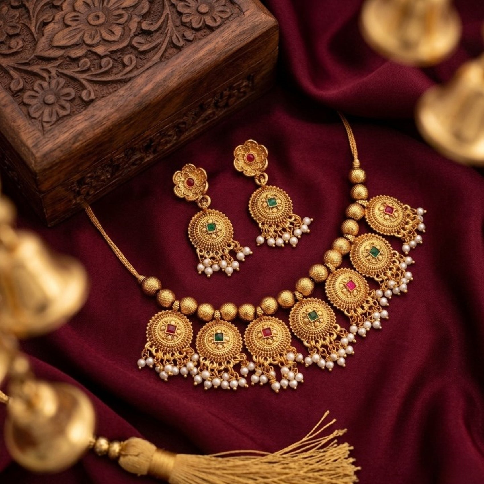 Jewel City Handcrafted Antique Gold-Plated Ethnic Necklace Set & Pearl Drops | Traditional Indian Jewelry