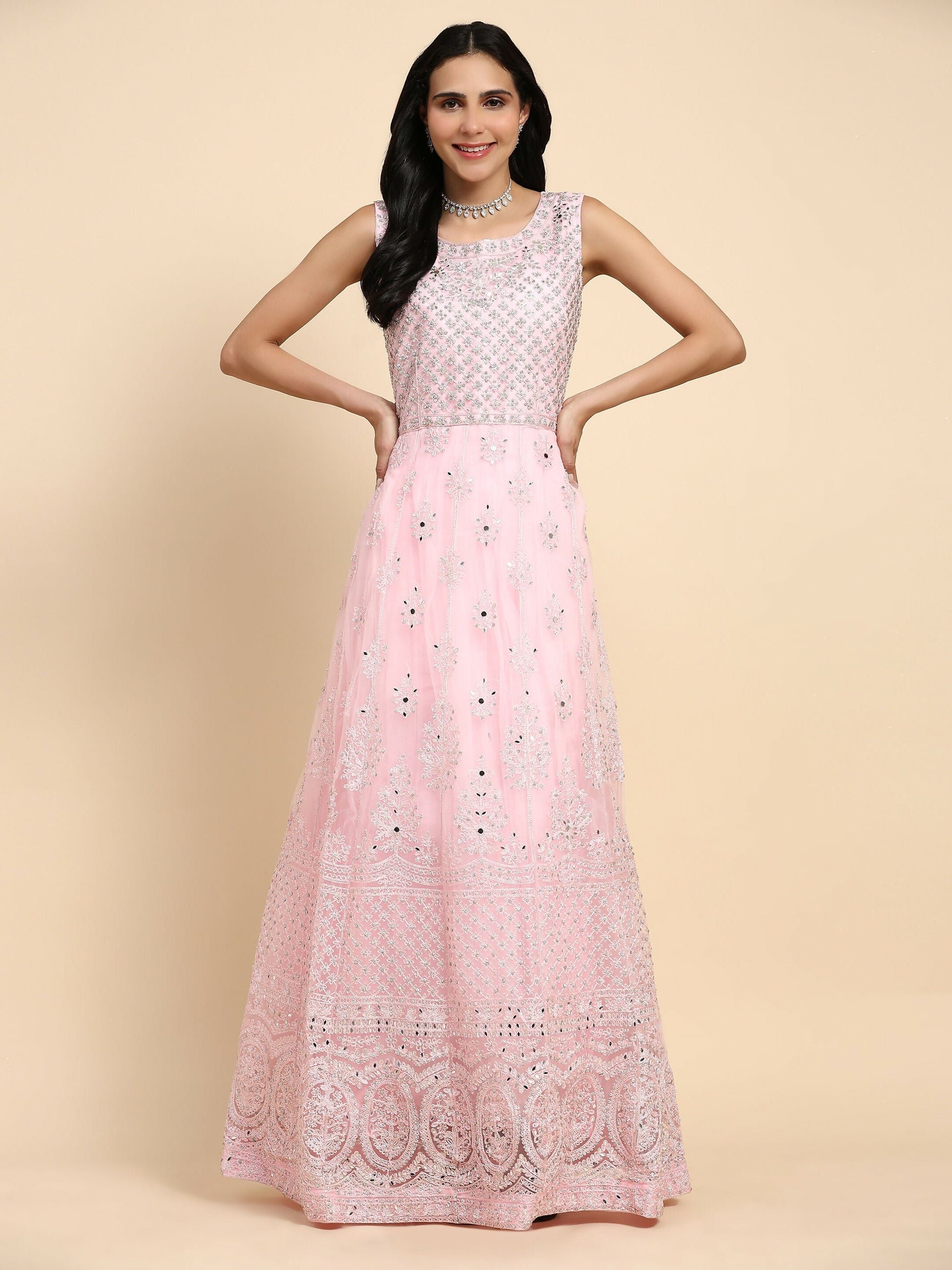 Pink Net Hand Embroidered Gown - Rudrani