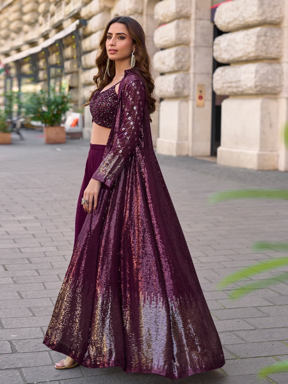 Aarshi Fashions Purple Heavy Georgette Full Stitched Indowestern Crop Top, palazzo & Shrug Set