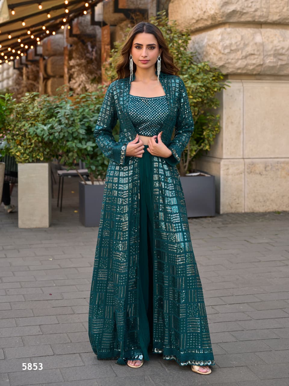 Aarshi Fashions Teal Green Heavy Georgette Full Stitched Indowestern Crop Top, palazzo & Shrug Set