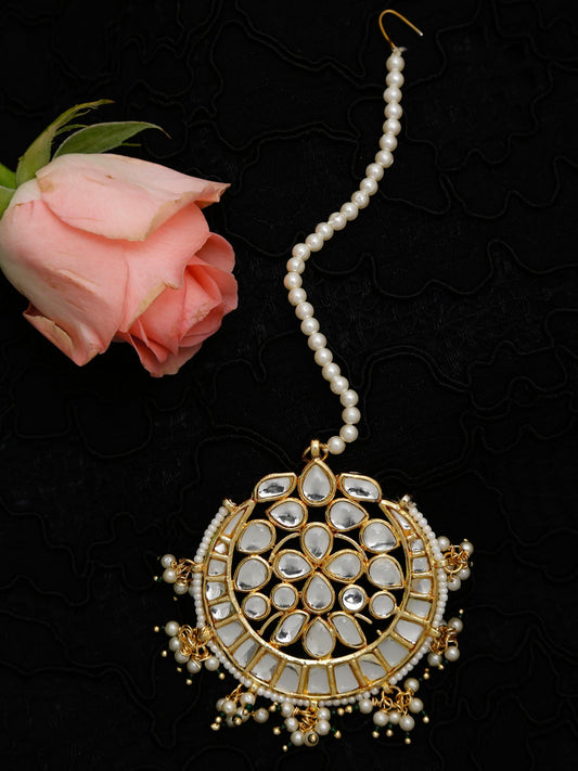 Gold Toned White Kundan Maang Tikka - Ruby Raang - Grab2buy