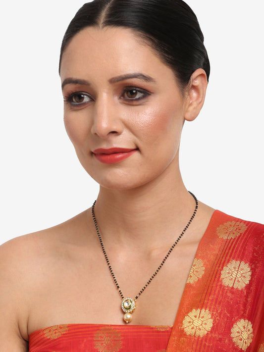 Gold-Polished Black Beaded White Kundan Studded Mangalsutra - Ruby Raang | Swadesiicart