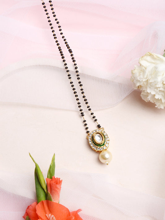 Gold-Plated Black Beaded White Kundan Studded Mangalsutra - Ruby Raang - Grab2buy