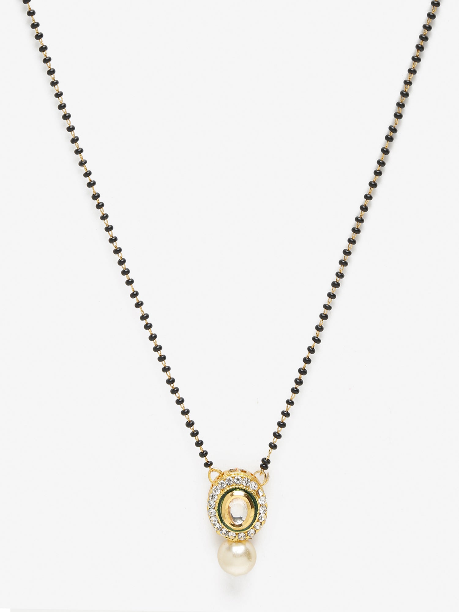 Gold-Plated Black Beaded White Kundan Studded Mangalsutra - Ruby Raang - Grab2buy