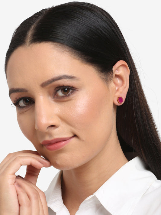 Maroon Gold-Toned Oval Studs Earrings - Ruby Raang - Grab2buy