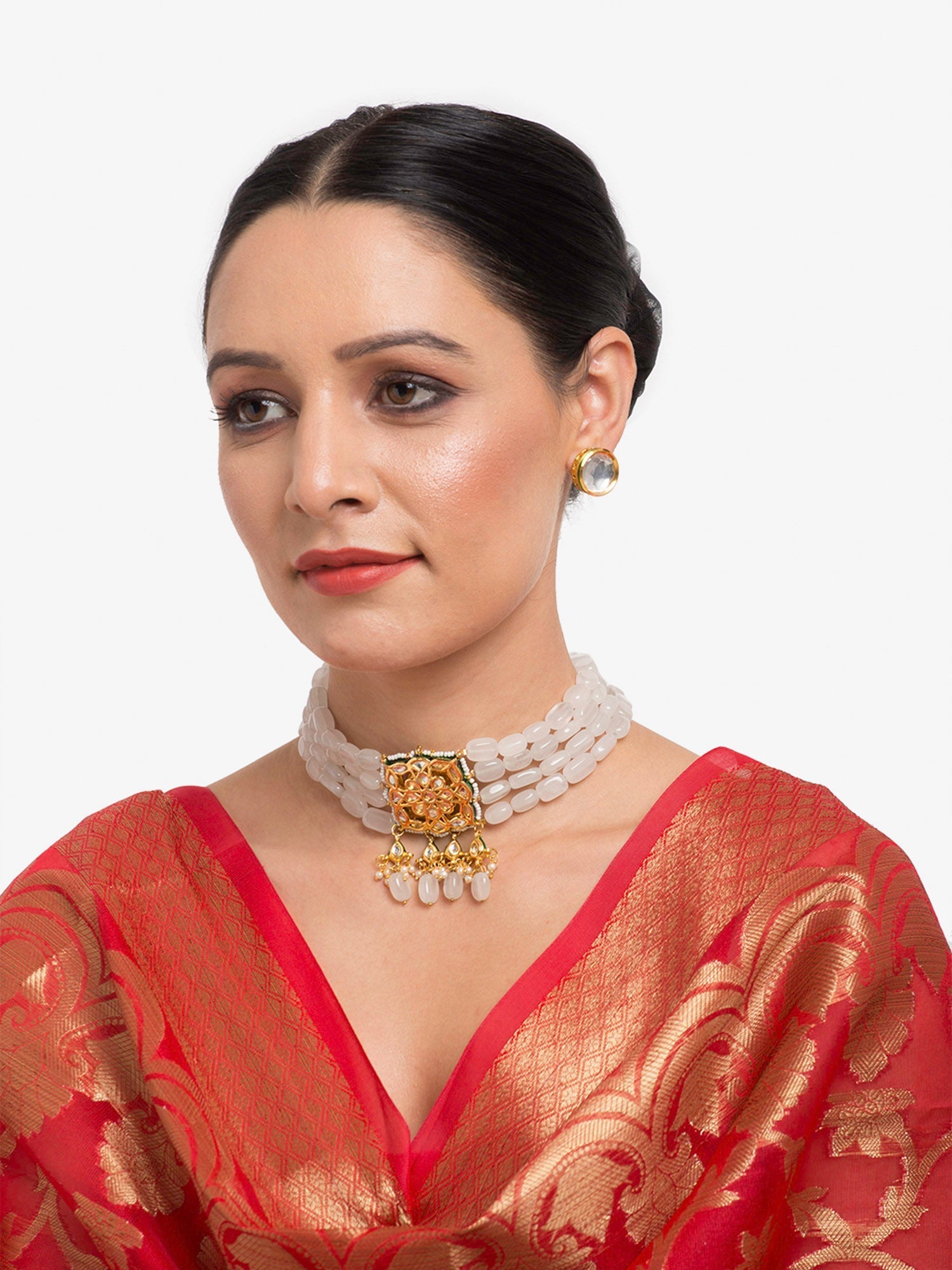 Gold-Plated White Kundan Stone Studded Handcrafted Jewellery Set - Ruby Raang - Grab2buy