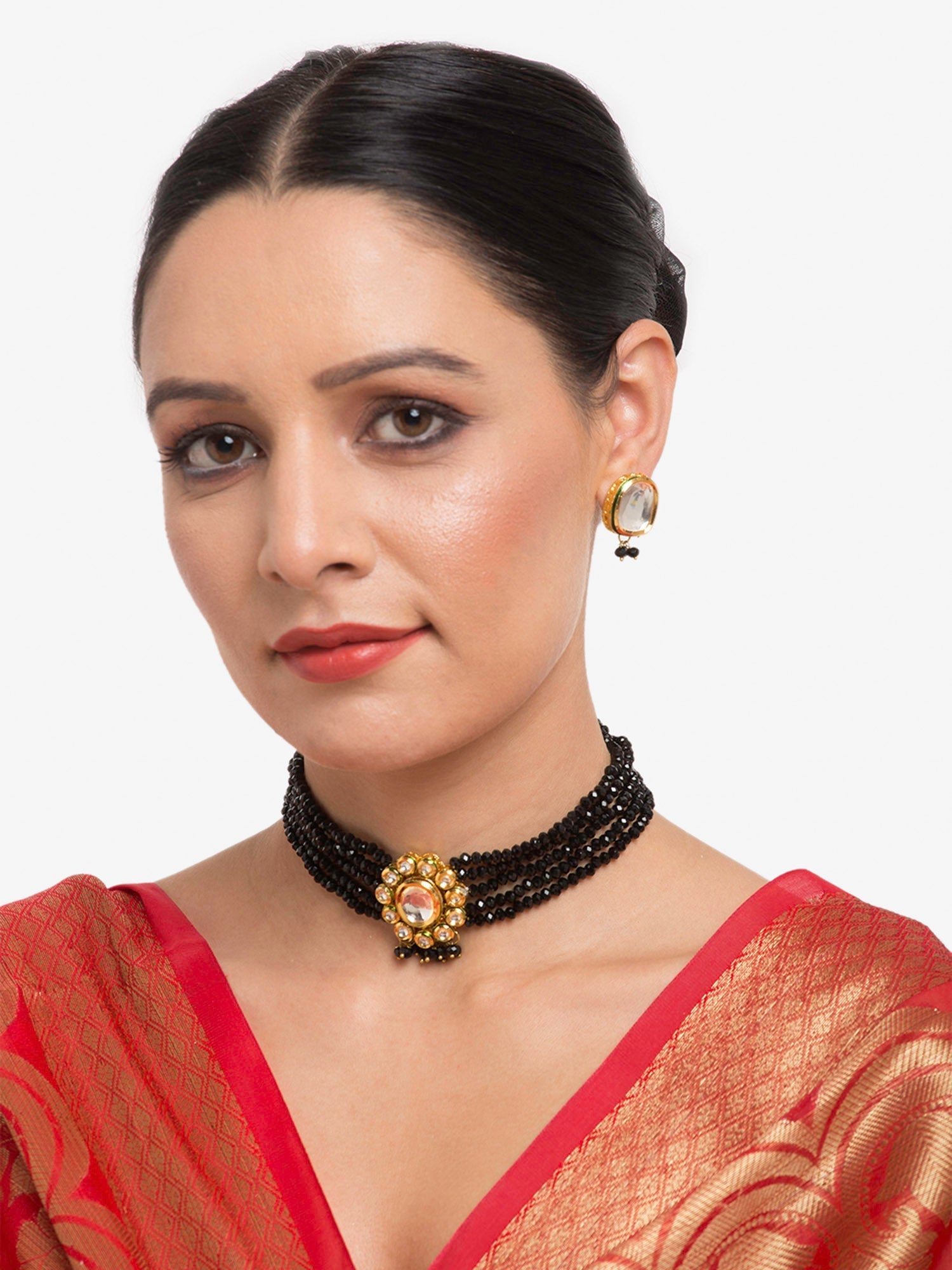 Gold-Plated White Black Kundan-Studded Beaded Handcrafted Jewellery Set - Ruby Raang - Grab2buy