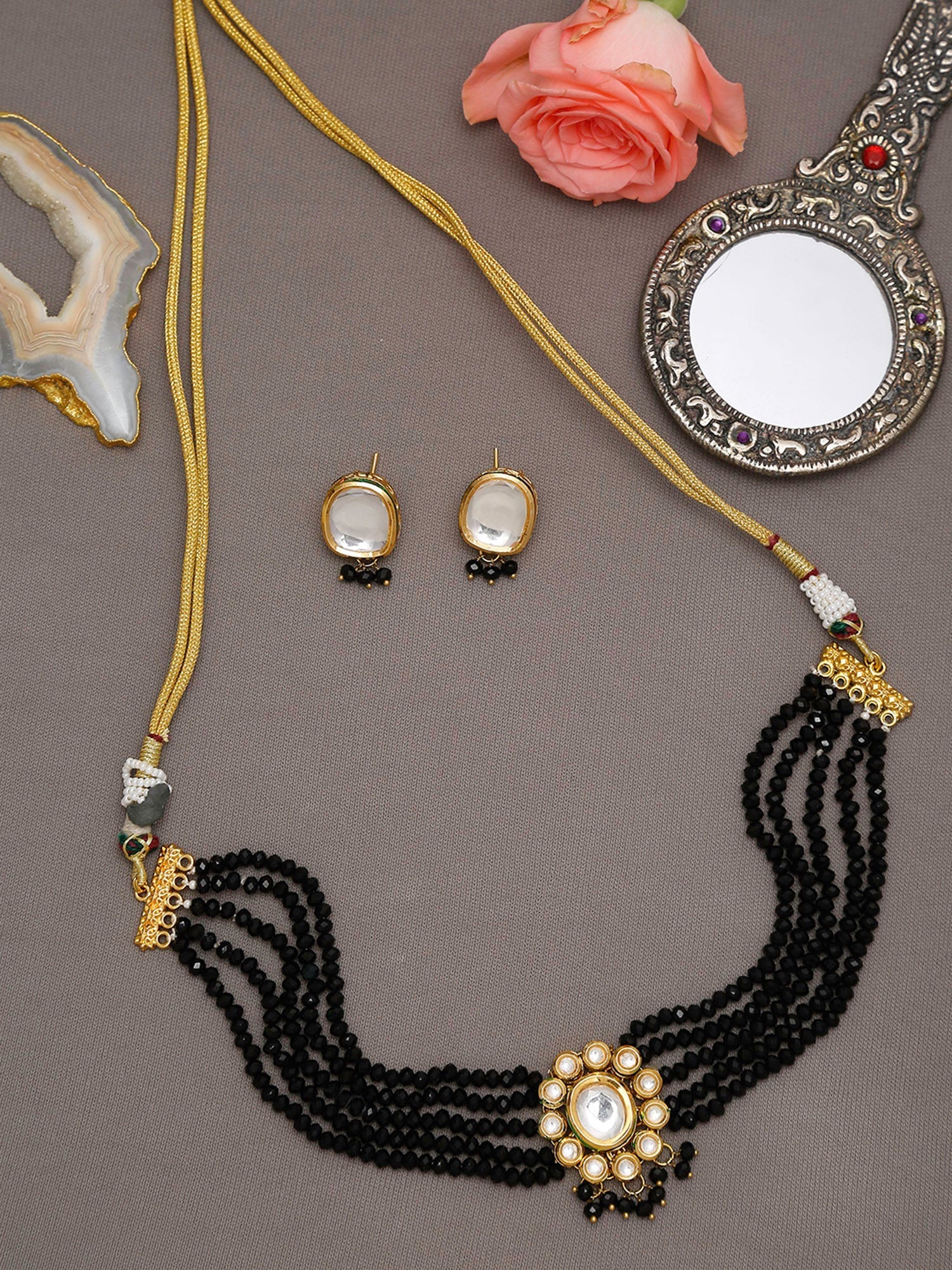 Gold-Plated White Black Kundan-Studded Beaded Handcrafted Jewellery Set - Ruby Raang - Grab2buy
