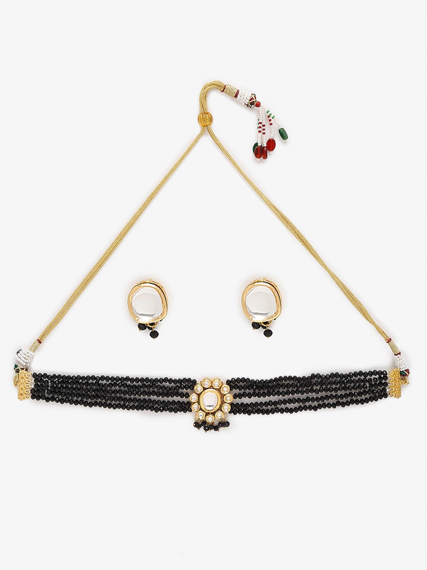 Gold-Plated White Black Kundan-Studded Beaded Handcrafted Jewellery Set - Ruby Raang - Grab2buy