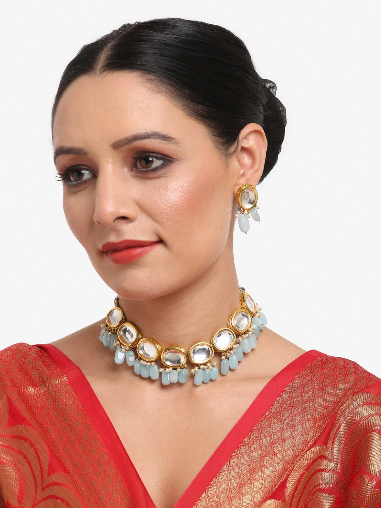 Gold-Plated White Blue Kundan-Studded Pearl Beaded Handcrafted Jewellery Set - Ruby Raang - Grab2buy