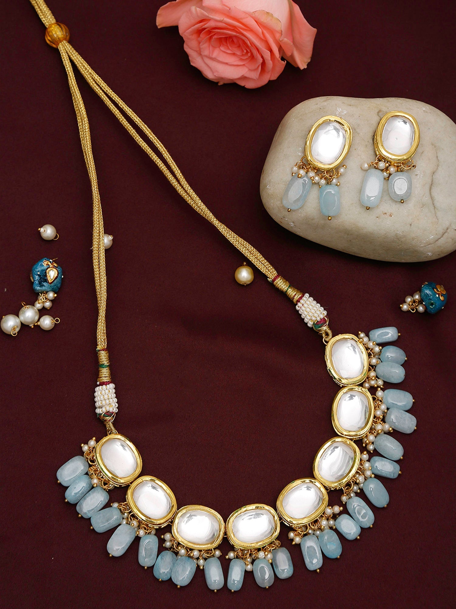 Gold-Plated White Blue Kundan-Studded Pearl Beaded Handcrafted Jewellery Set - Ruby Raang - Grab2buy
