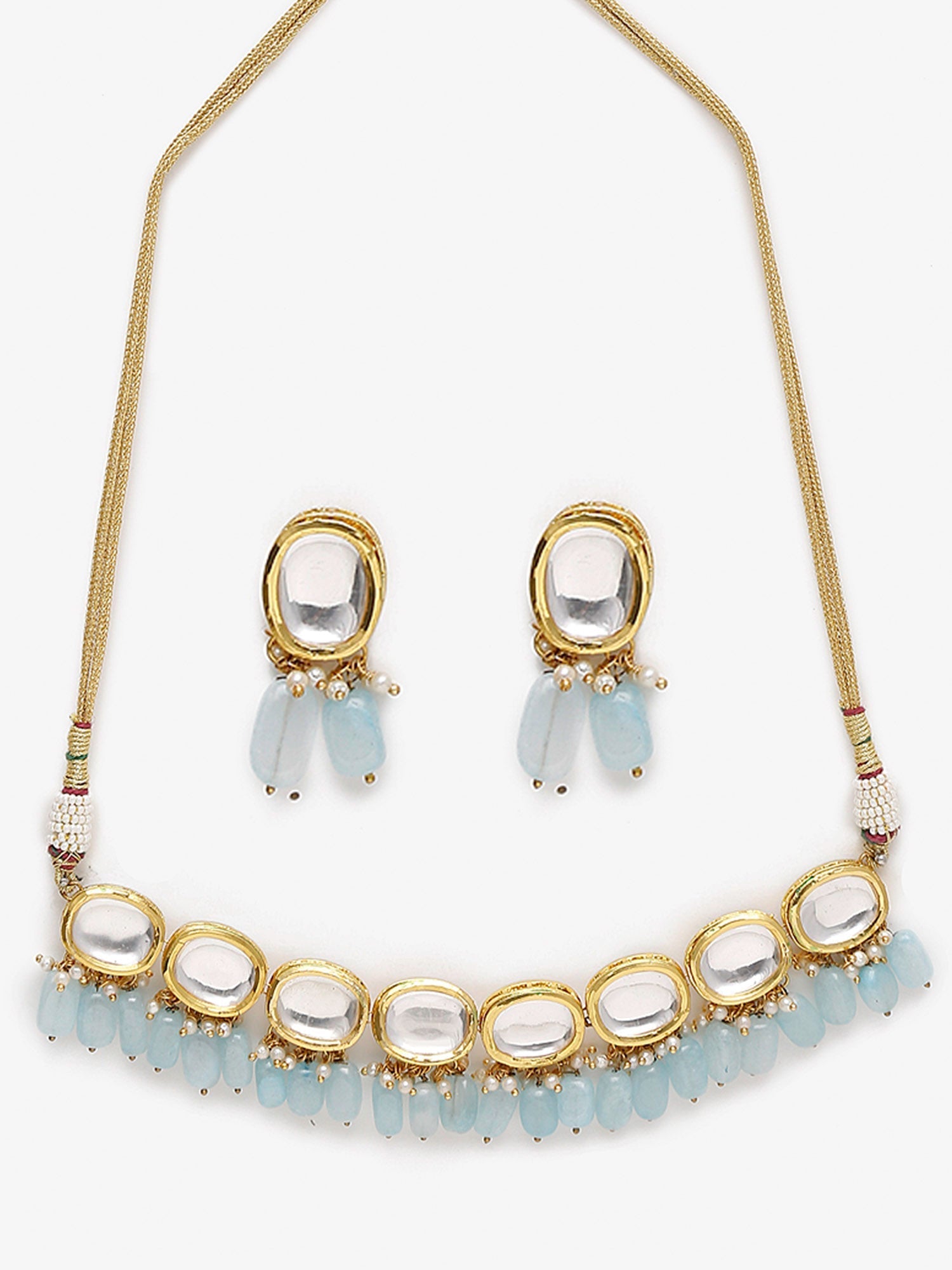 Gold-Plated White Blue Kundan-Studded Pearl Beaded Handcrafted Jewellery Set - Ruby Raang - Grab2buy