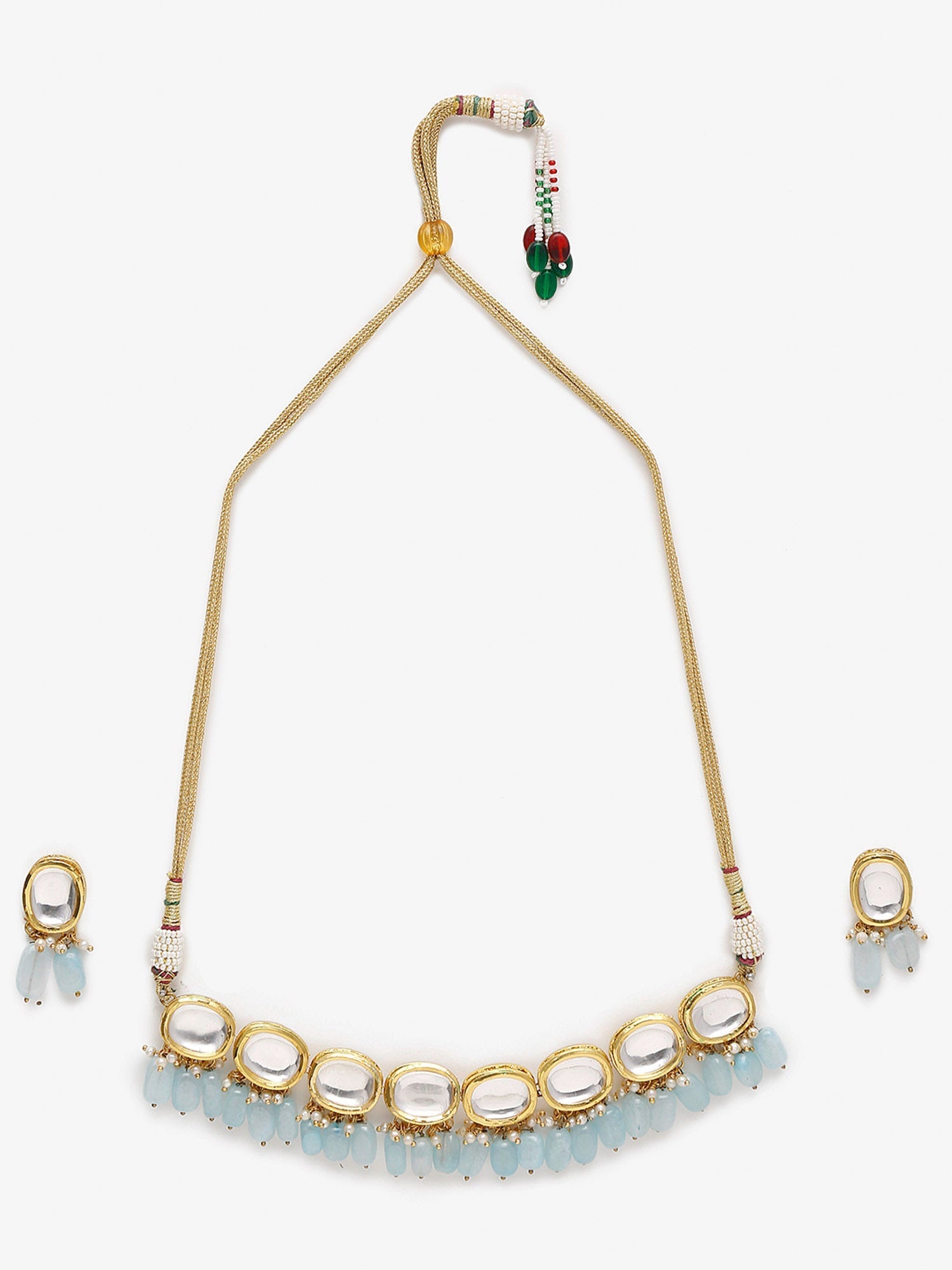 Gold-Plated White Blue Kundan-Studded Pearl Beaded Handcrafted Jewellery Set - Ruby Raang - Grab2buy