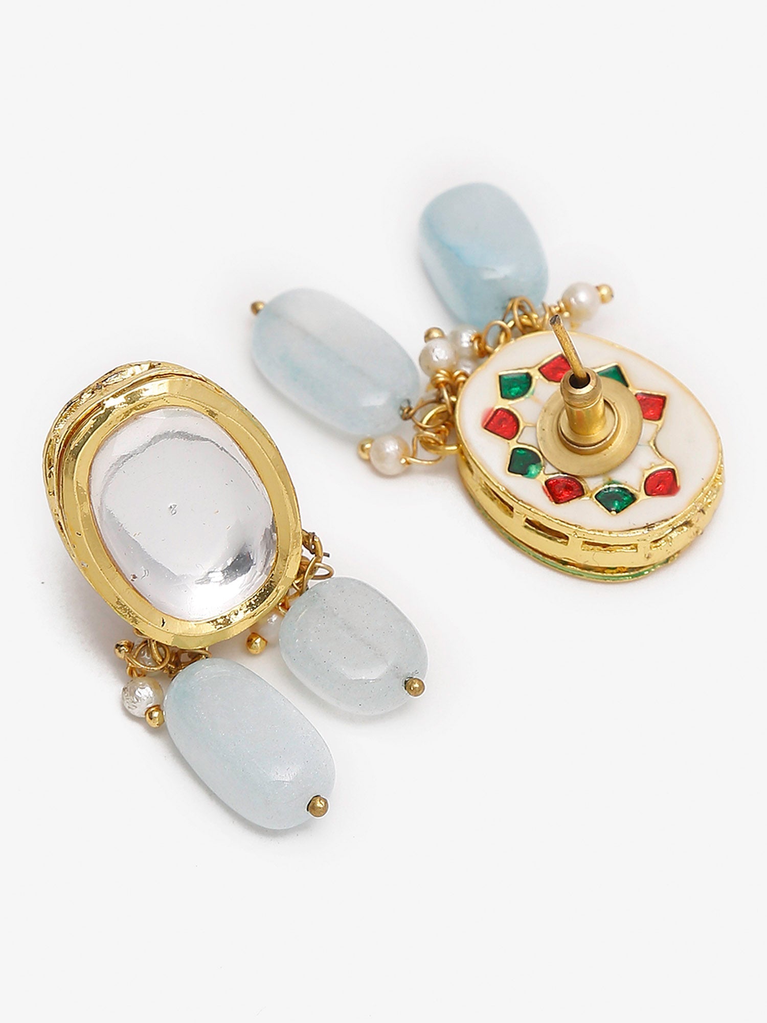 Gold-Plated White Blue Kundan-Studded Pearl Beaded Handcrafted Jewellery Set - Ruby Raang - Grab2buy