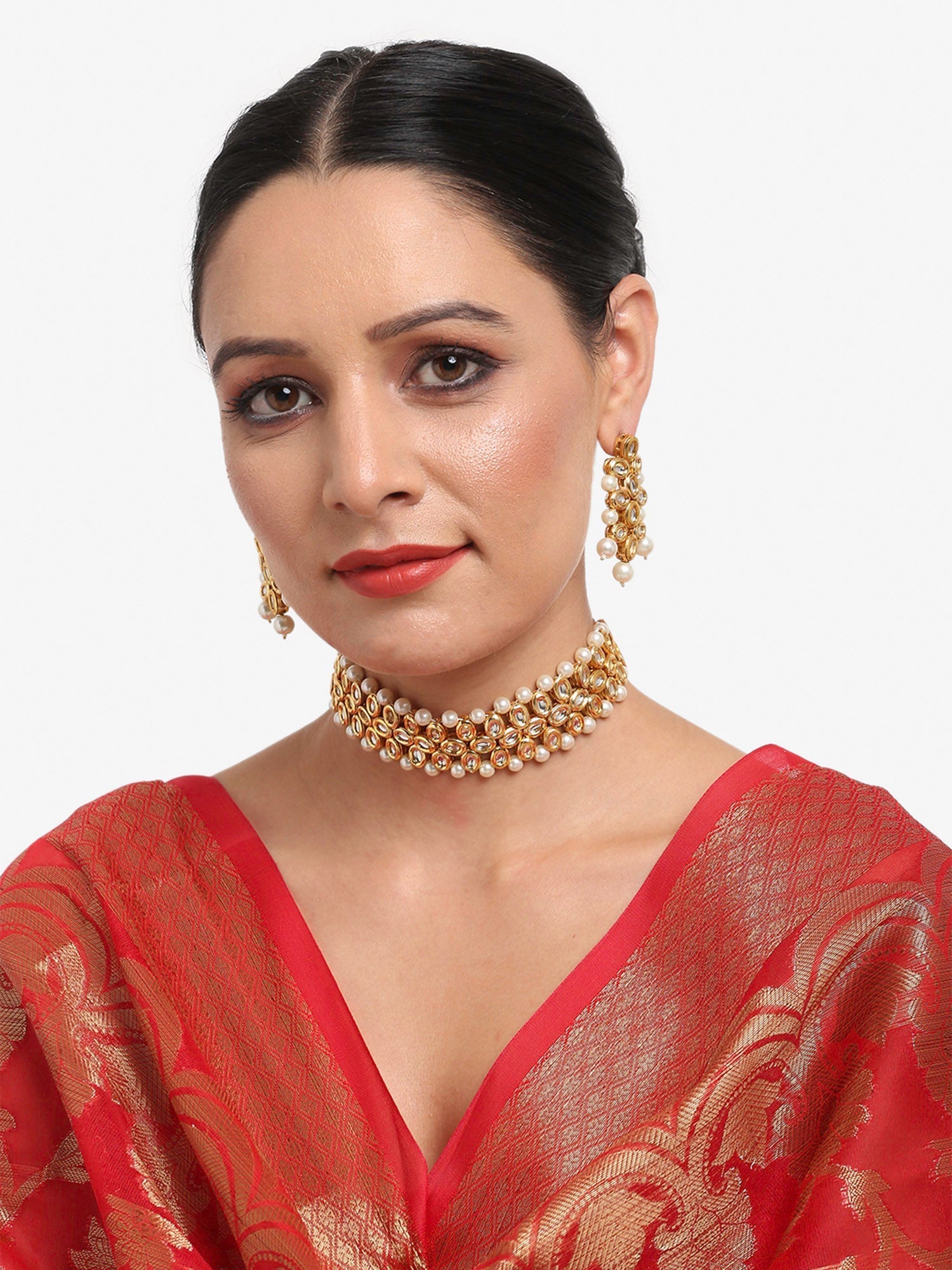 Gold-Plated White Kundan-Studded Pearls Beaded Handcrafted Jewellery Set - Ruby Raang - Grab2buy
