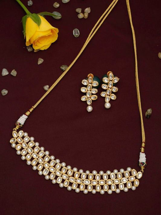 Gold-Plated White Kundan-Studded Pearls Beaded Handcrafted Jewellery Set - Ruby Raang - Grab2buy