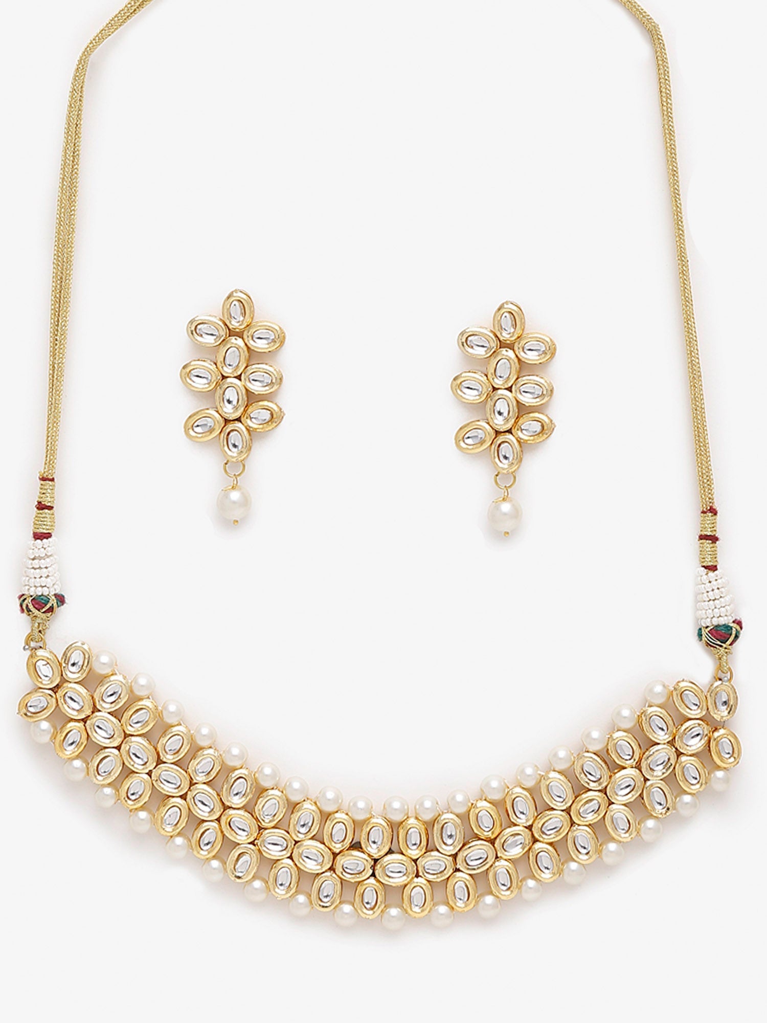 Gold-Plated White Kundan-Studded Pearls Beaded Handcrafted Jewellery Set - Ruby Raang - Grab2buy