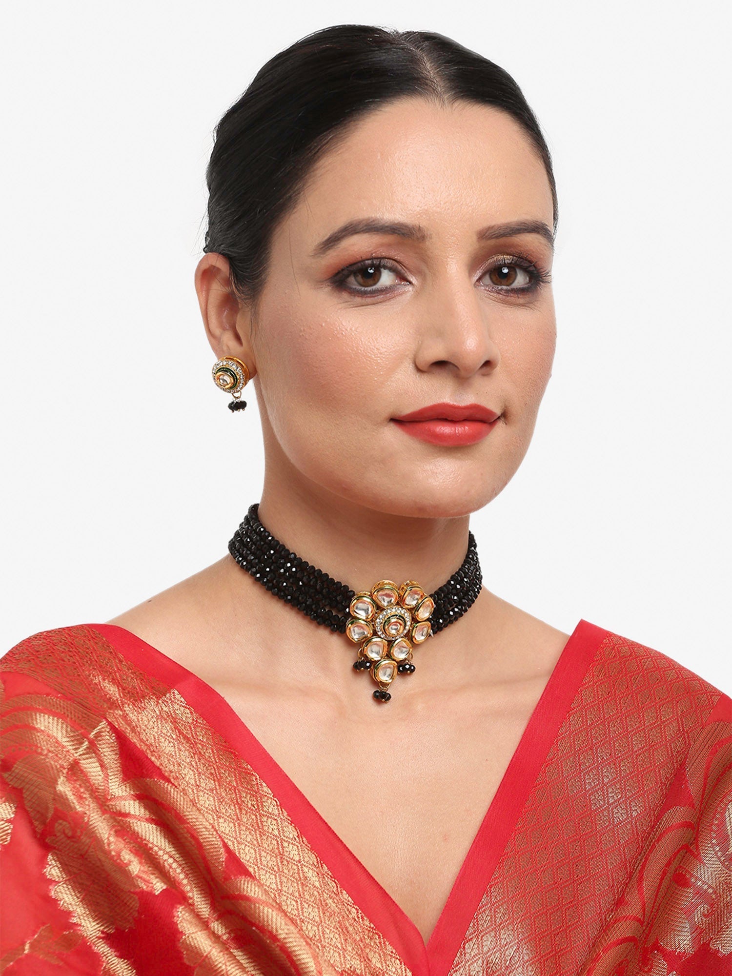 White Black Gold-Plated Kundan-Studded Jewellery Set - Ruby Raang - Grab2buy
