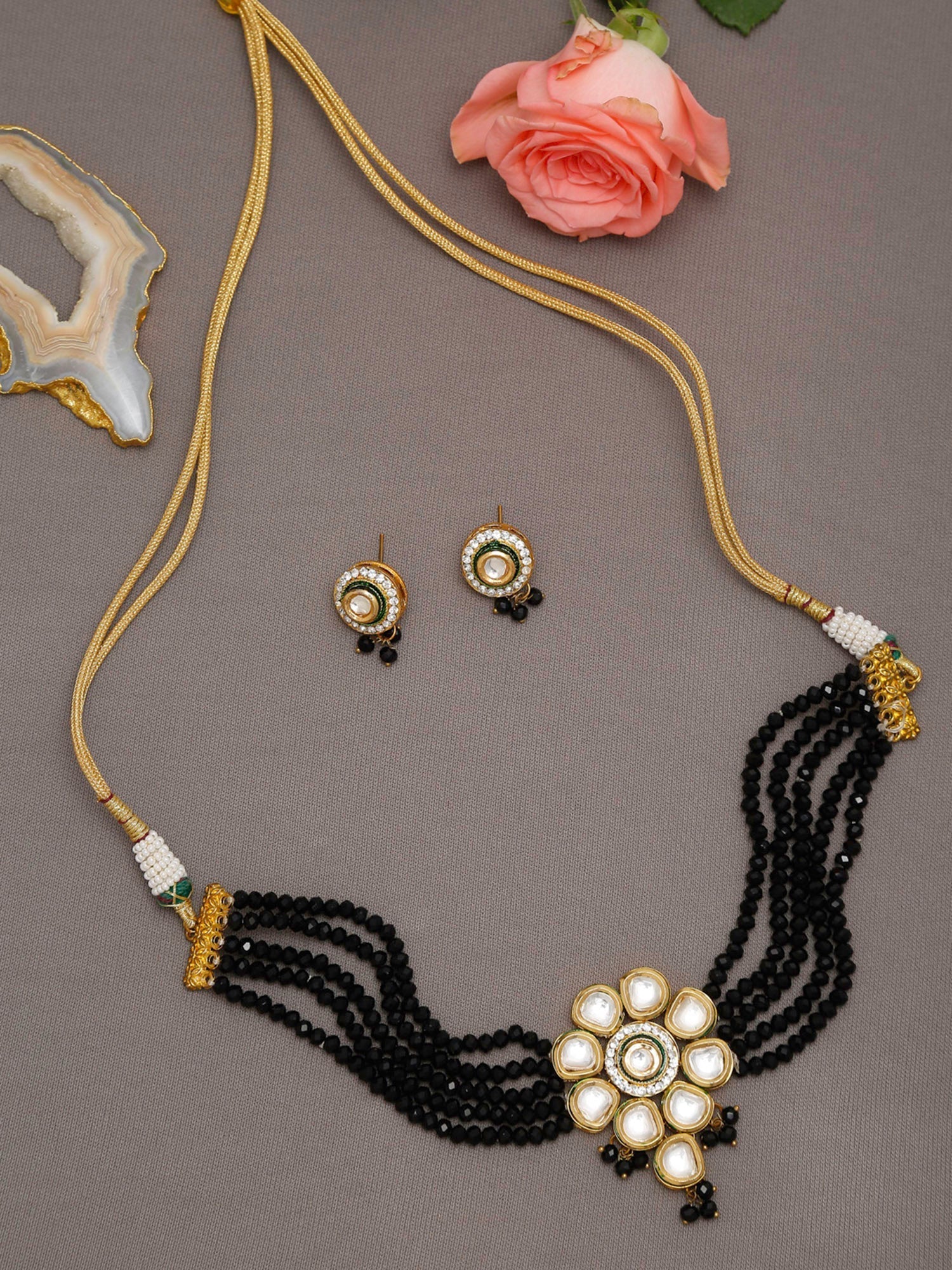 White Black Gold-Plated Kundan-Studded Jewellery Set - Ruby Raang - Grab2buy