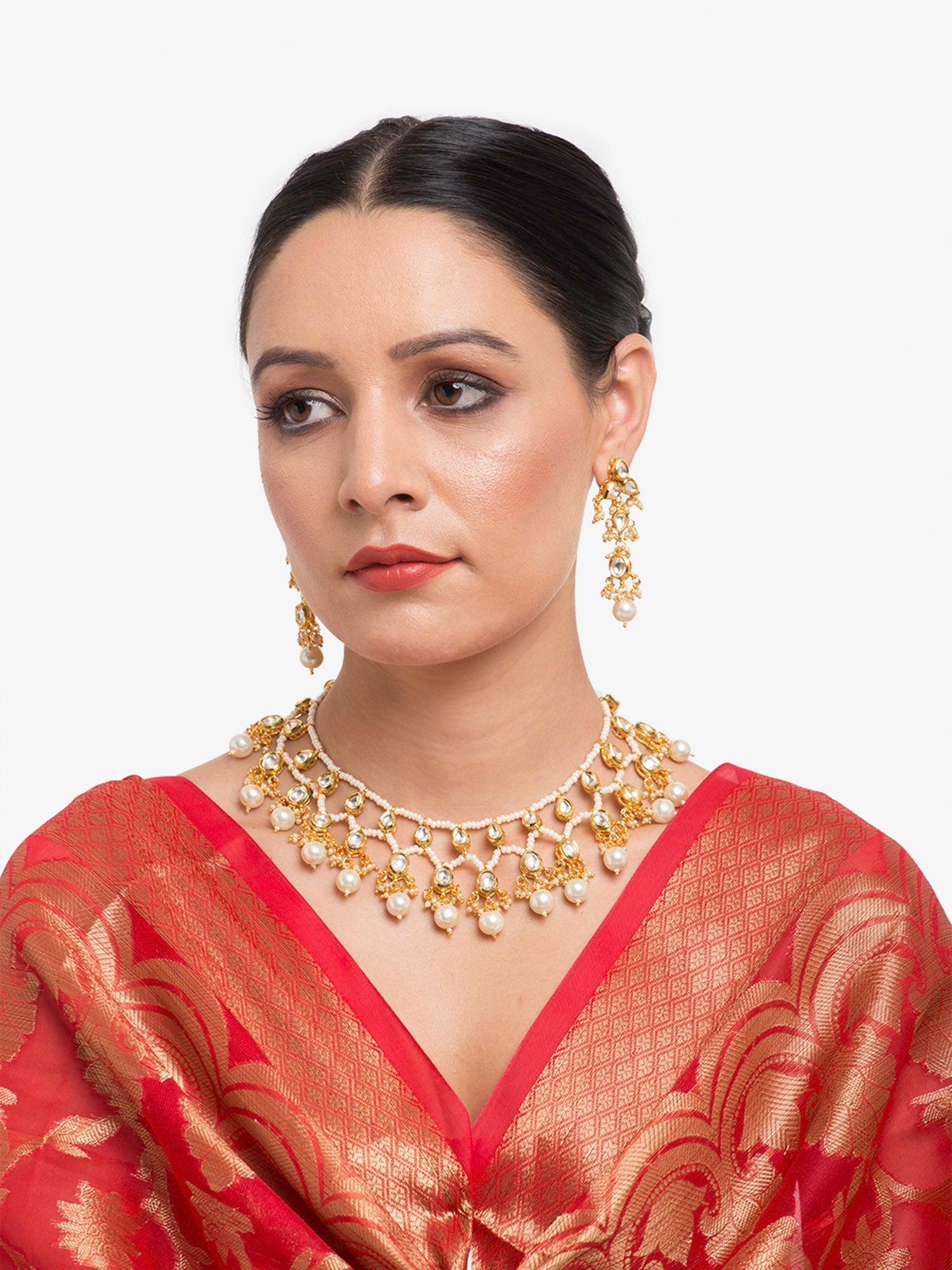 Gold-Plated White Kundan Stone Studded Jewellery Set - Ruby Raang - Grab2buy