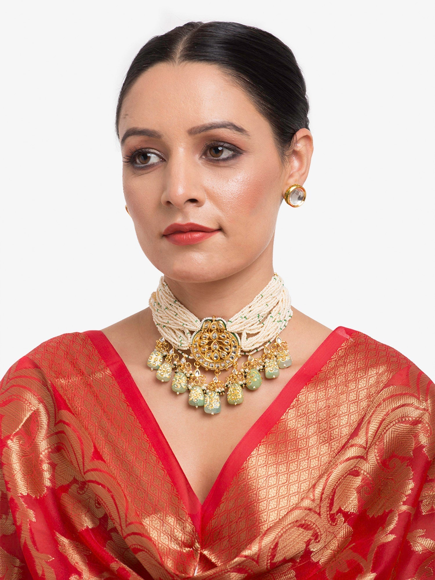 Gold-Plated White Green Stone-Studded Pearls Beaded Handcrafted Jewellery Set - Ruby Raang - Grab2buy