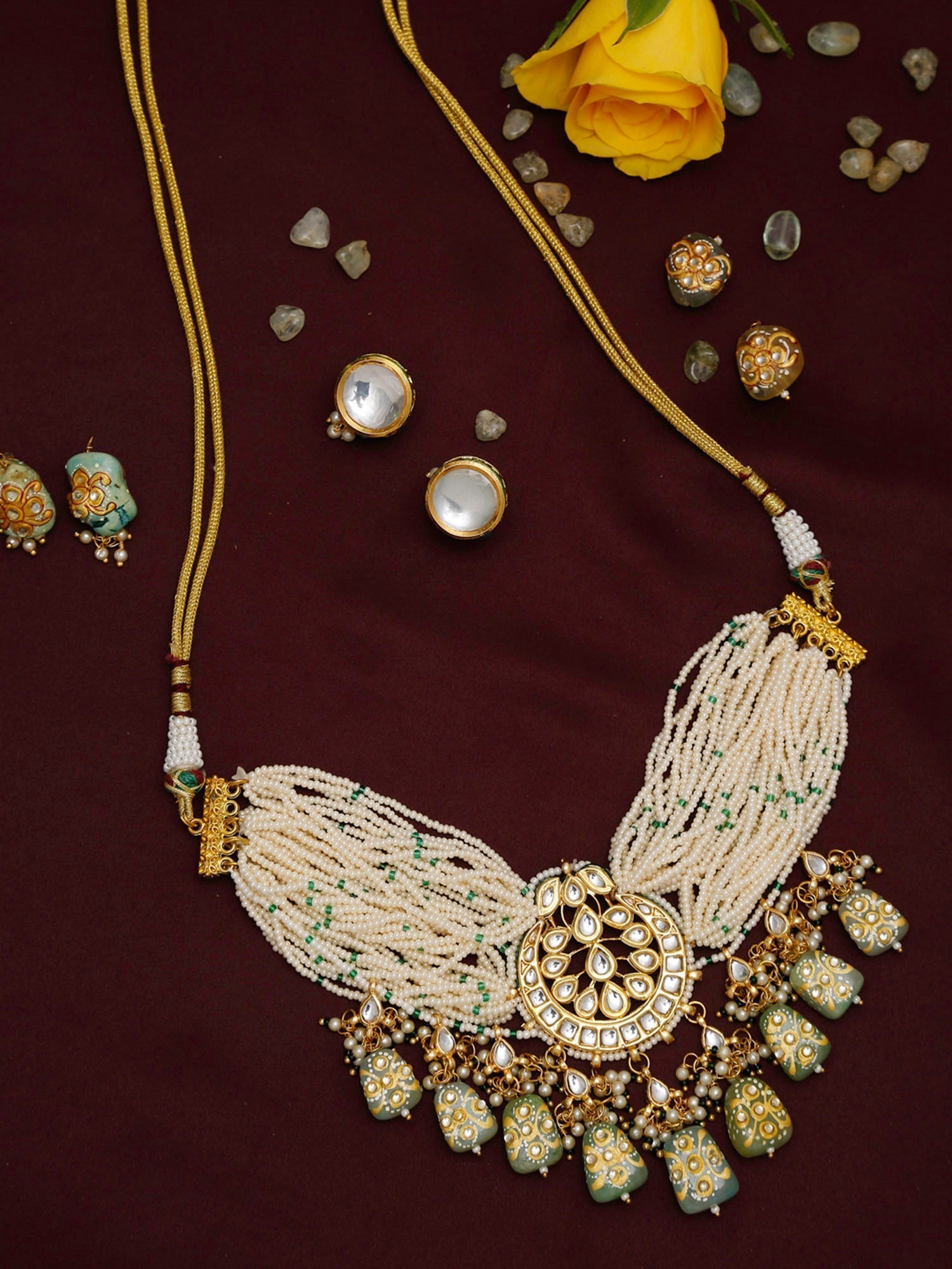 Gold-Plated White Green Stone-Studded Pearls Beaded Handcrafted Jewellery Set - Ruby Raang - Grab2buy