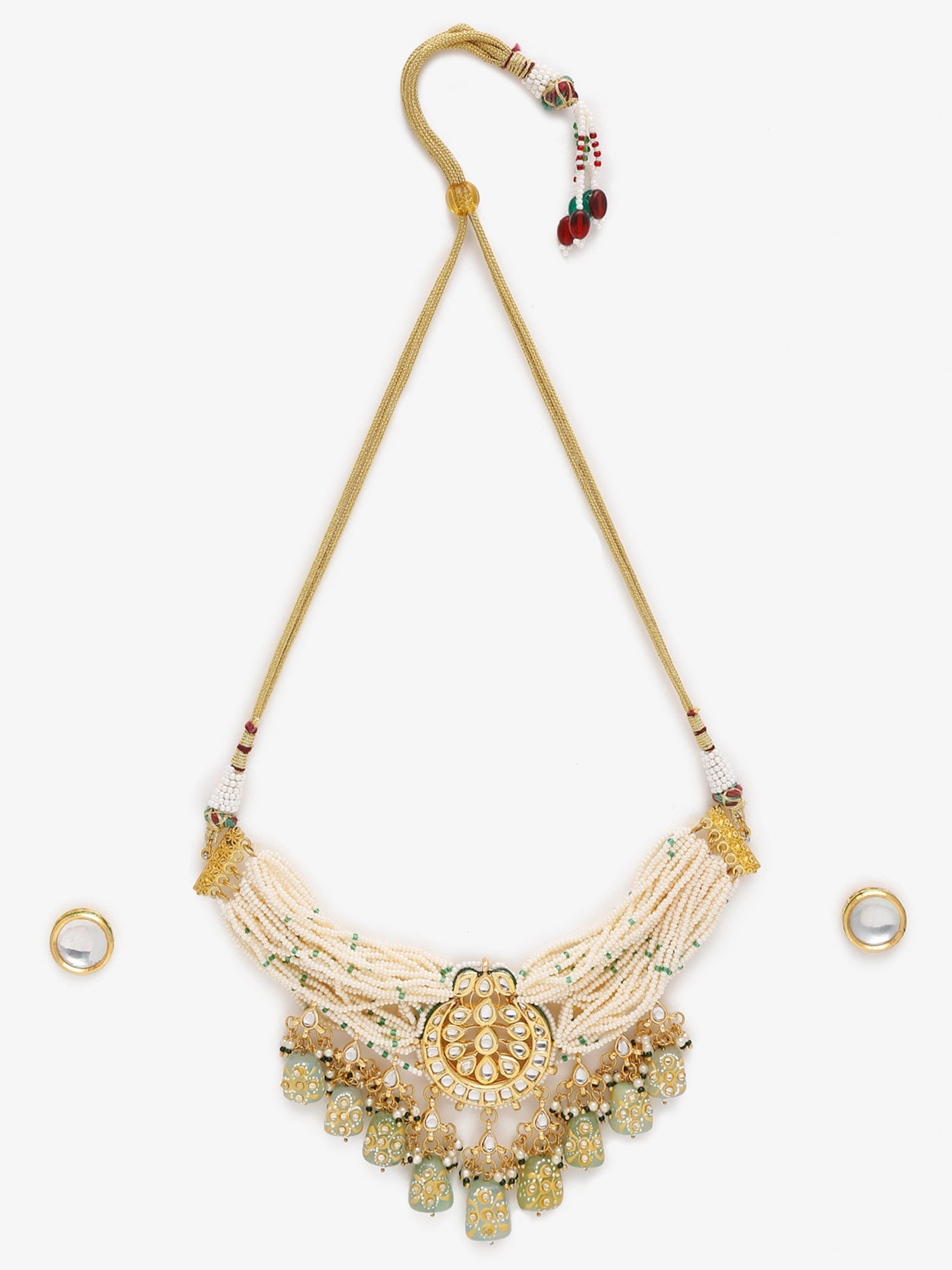 Gold-Plated White Green Stone-Studded Pearls Beaded Handcrafted Jewellery Set - Ruby Raang - Grab2buy