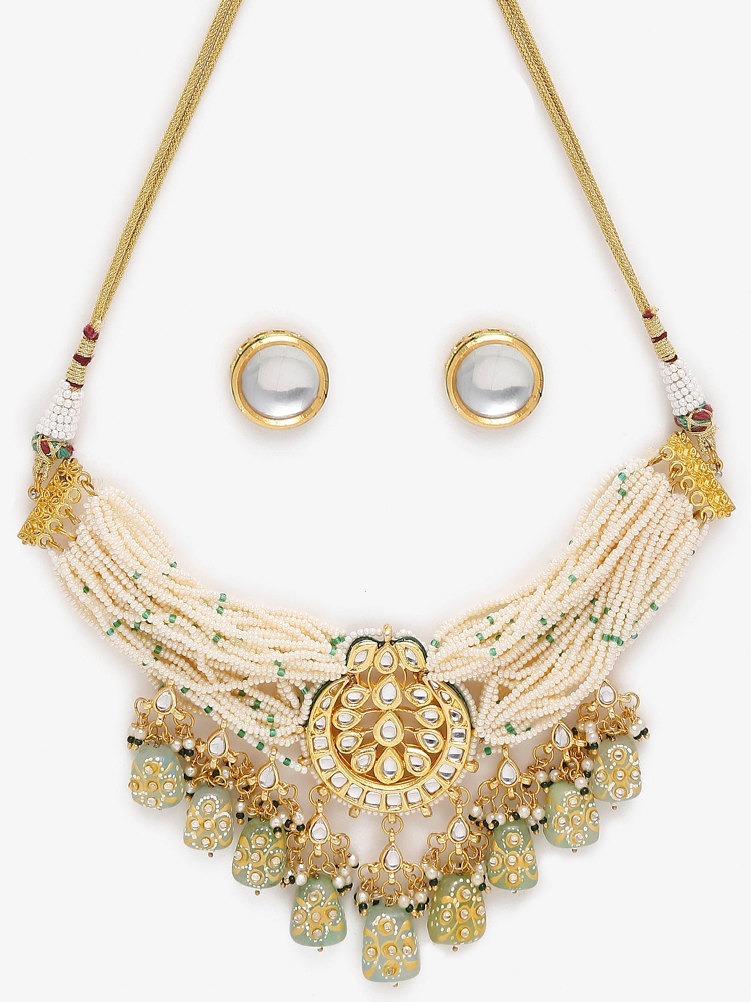 Gold-Plated White Green Stone-Studded Pearls Beaded Handcrafted Jewellery Set - Ruby Raang - Grab2buy