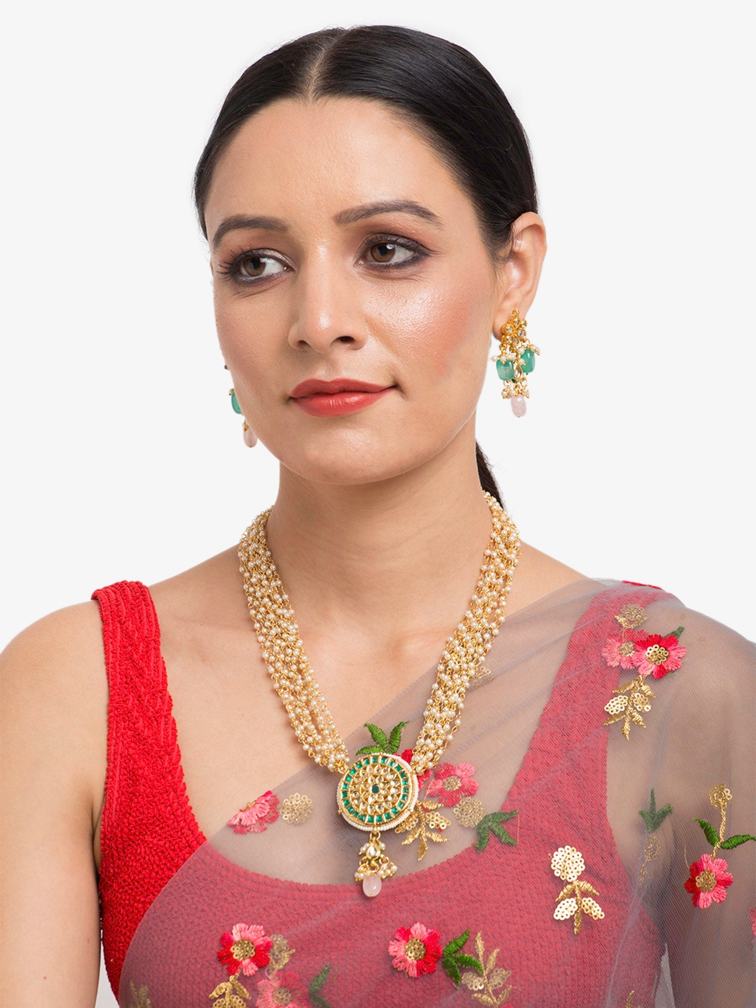 Gold Plated Green White Kundan Studded Layered Jewellery Set - Ruby Raang - Grab2buy