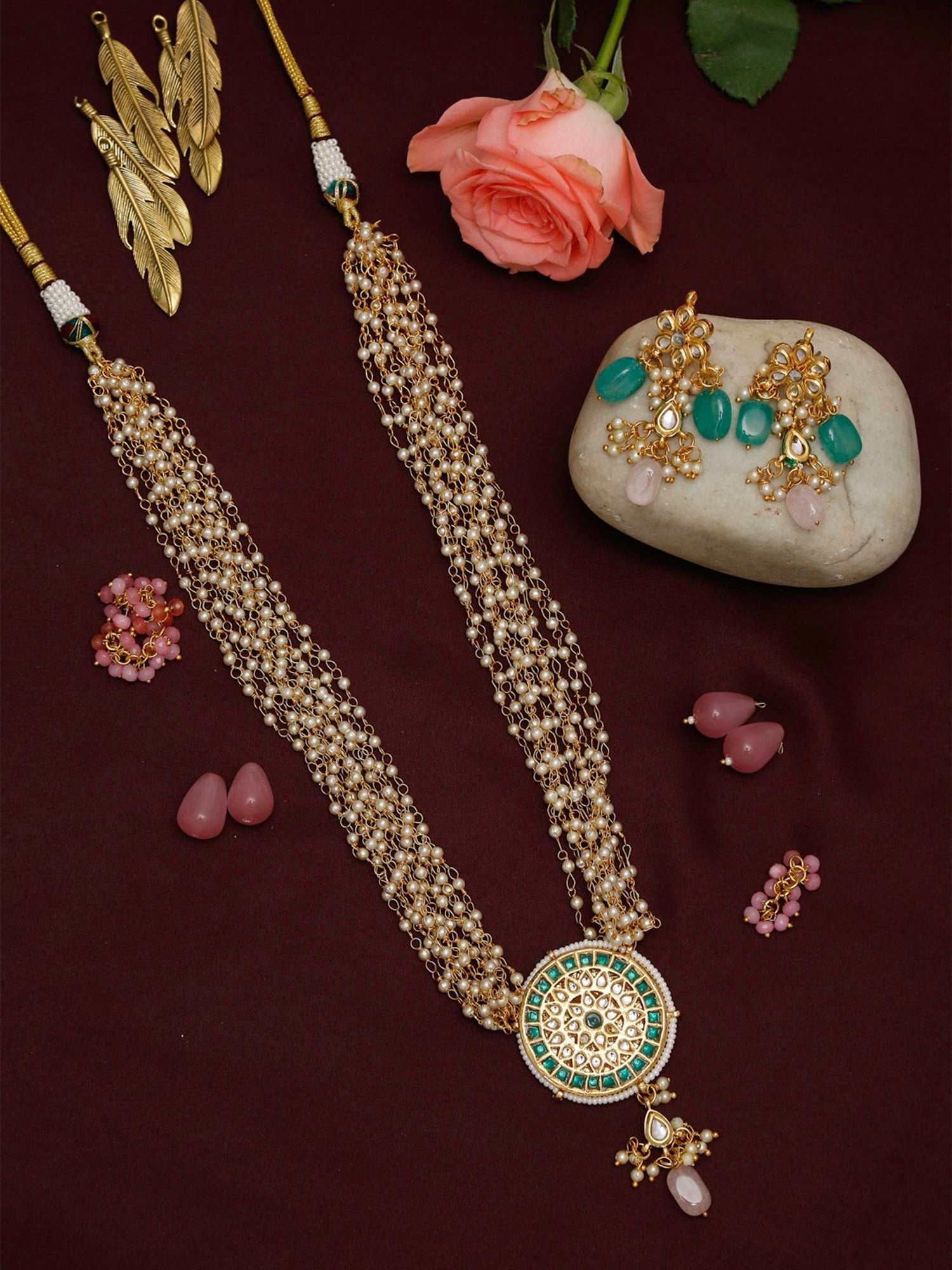Gold Plated Green White Kundan Studded Layered Jewellery Set - Ruby Raang - Grab2buy