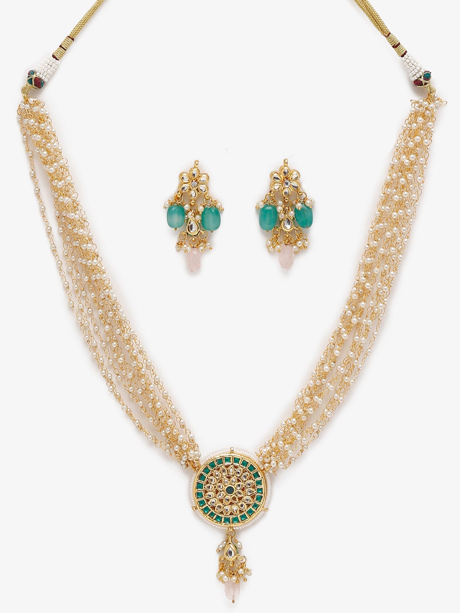 Gold Plated Green White Kundan Studded Layered Jewellery Set - Ruby Raang - Grab2buy