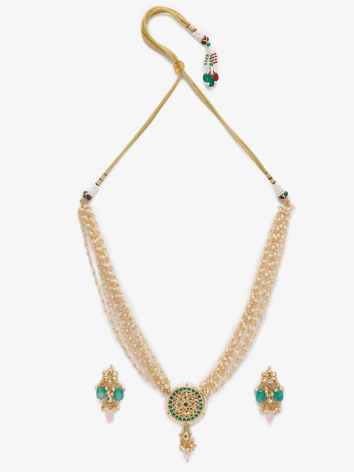 Gold Plated Green White Kundan Studded Layered Jewellery Set - Ruby Raang - Grab2buy
