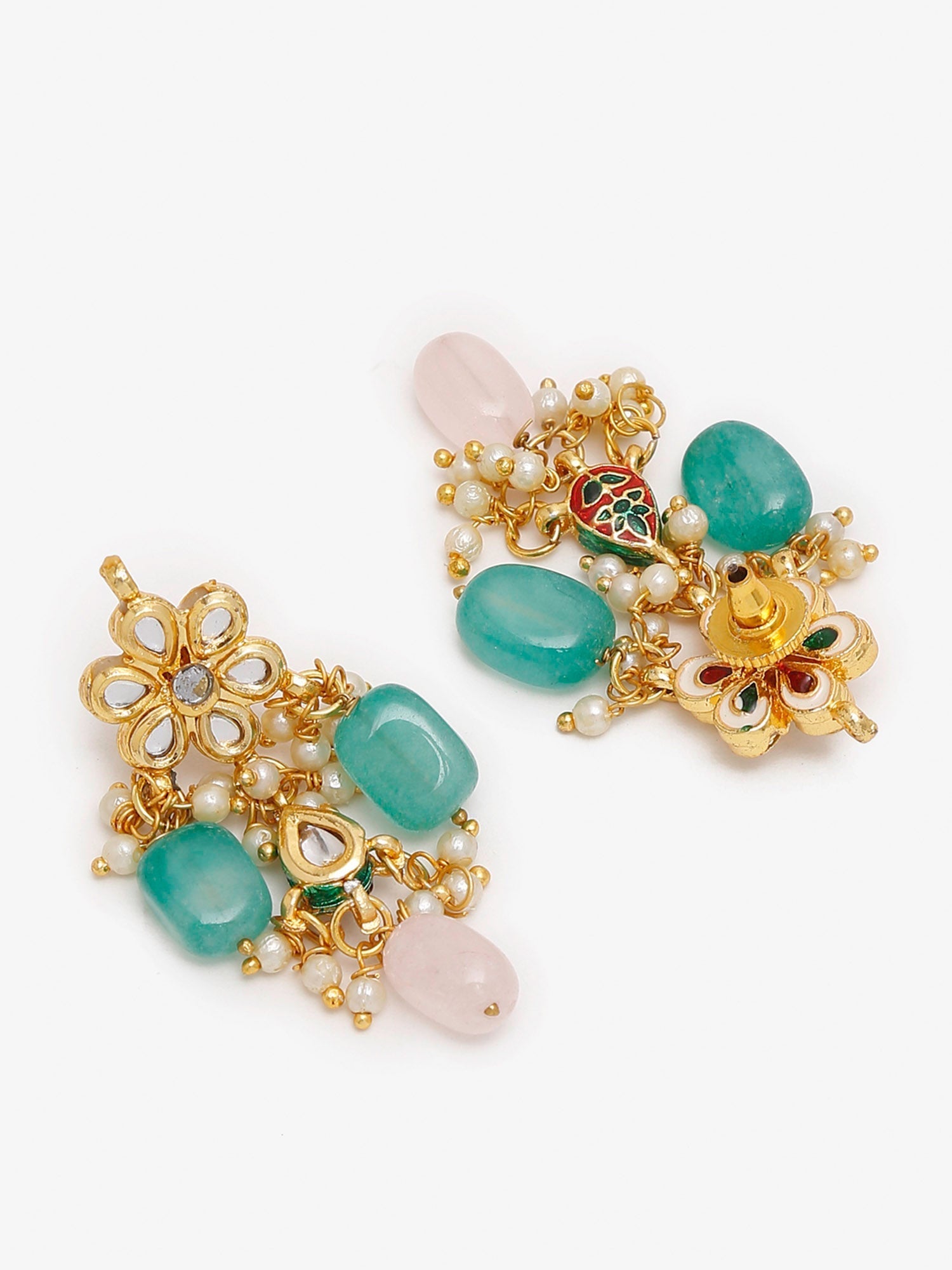 Gold Plated Green White Kundan Studded Layered Jewellery Set - Ruby Raang - Grab2buy