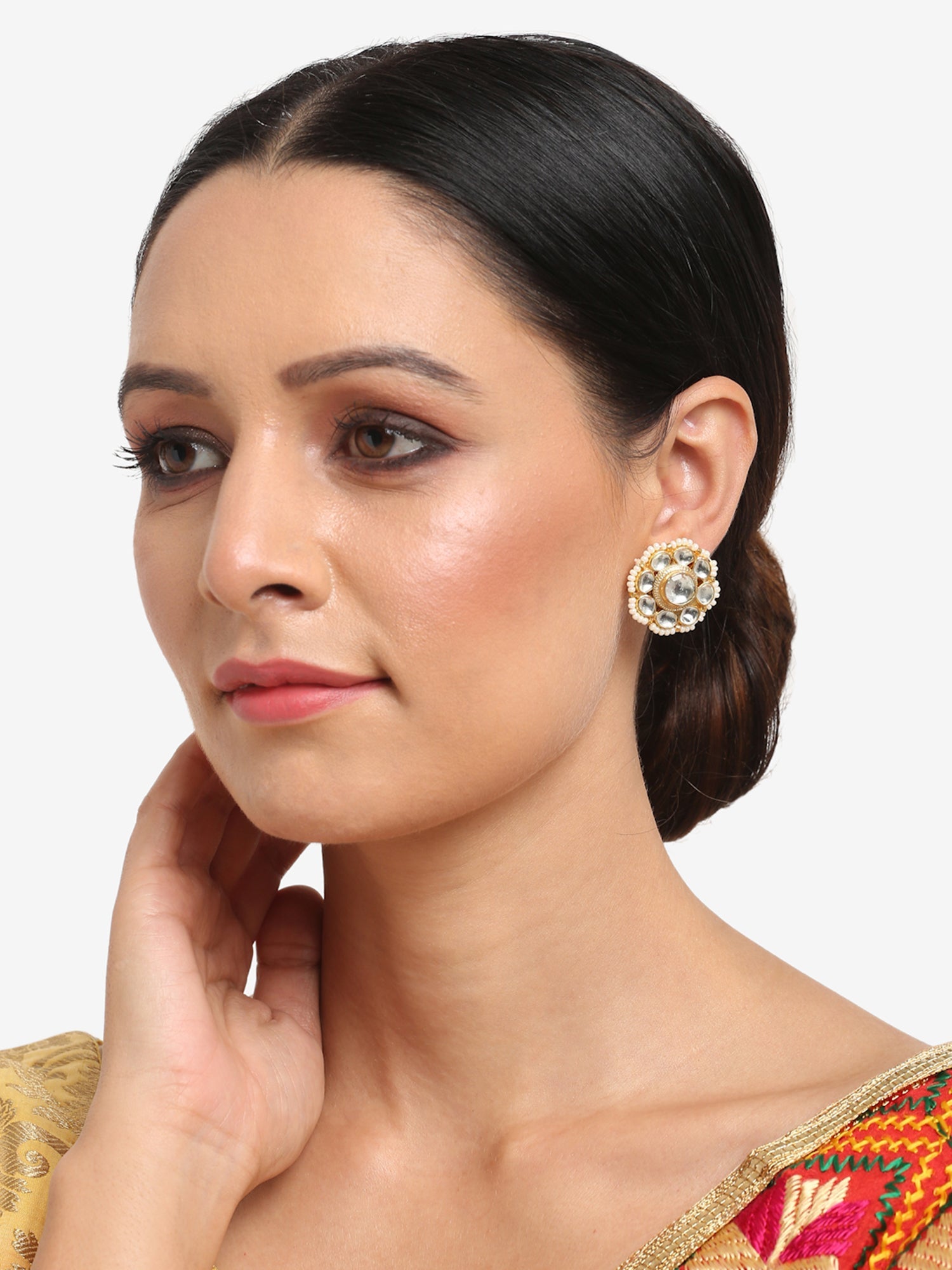 Gold-Toned Floral Kundan Studded Studs Earrings - Ruby Raang - Grab2buy